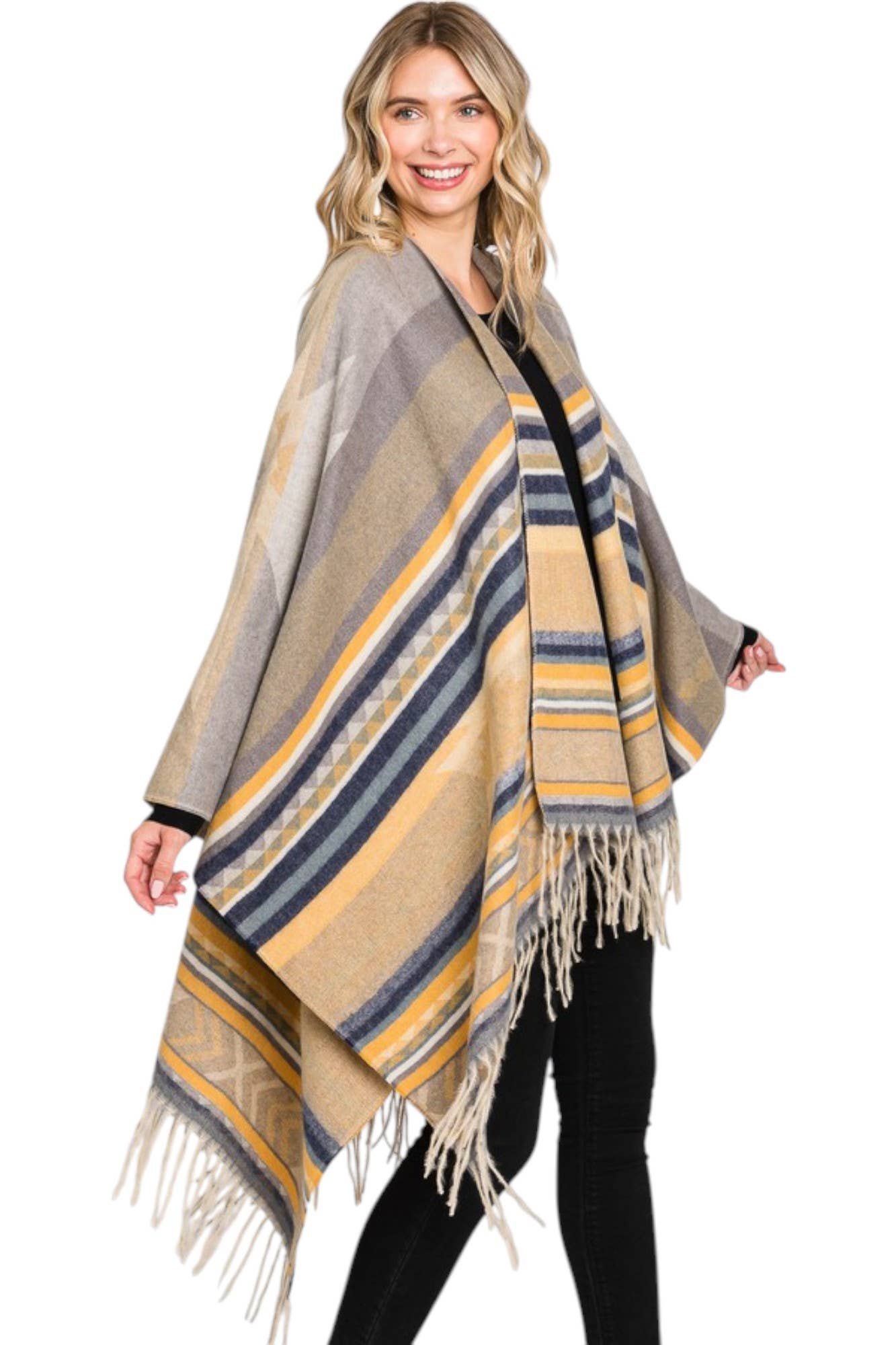 Artini Accessories - Wholesale Cardigan - Women's - Aztec Stripe Pattern Fringe Ruana Cardigan Warp Scarf3