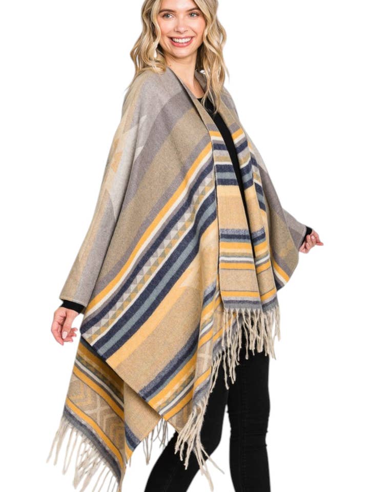 Artini Accessories - Wholesale Cardigan - Women's - Aztec Stripe Pattern Fringe Ruana Cardigan Warp Scarf3