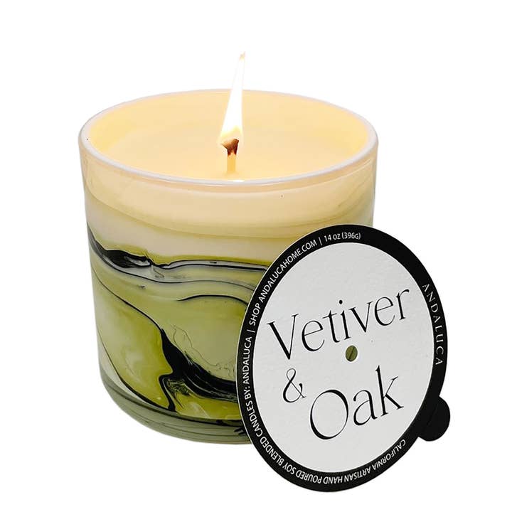 Vetiver & Oak 14 oz. Swirl Glass Candle for wholesale by Andaluca