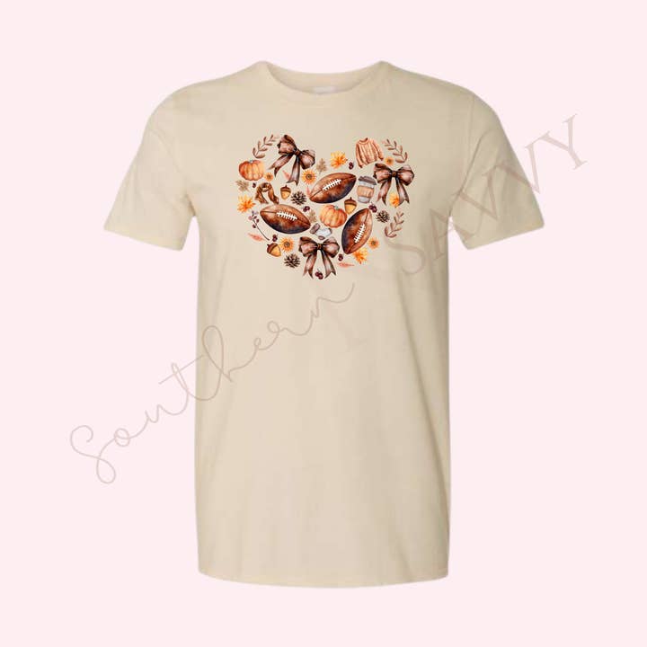 Heart Bows & Footballs | Sand Color Thanksgiving T-Shirt for wholesale by Southern N Savvy