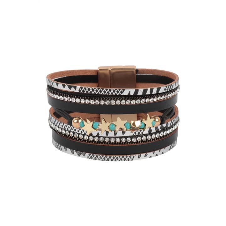 MYS Wholesale Inc - Wholesale Bangle Bracelet - Snake Print Leather Wrap With Star Magnetic Lock