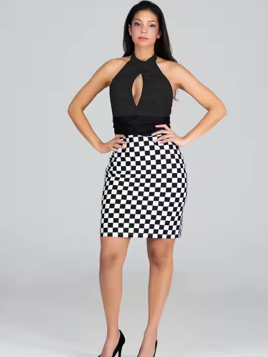 Classy Black Lace Halter Top Dress with Checkered Skirt for wholesale by Fever1 Fashion