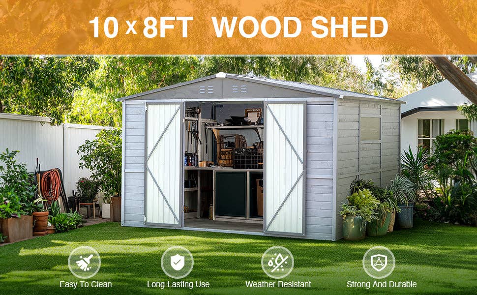 39F Inc. - Wholesale Outdoor Ornament/Decor - 8x10FT Iron-Wood Tool Shed, Gray, Waterproof & Ventilated9