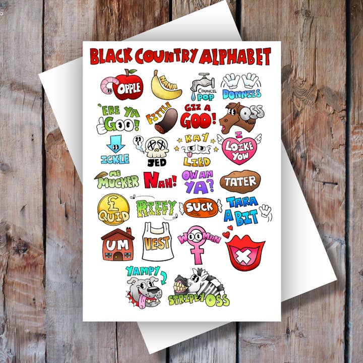 Svart landsalfabet! för wholesale av Black Country Cards