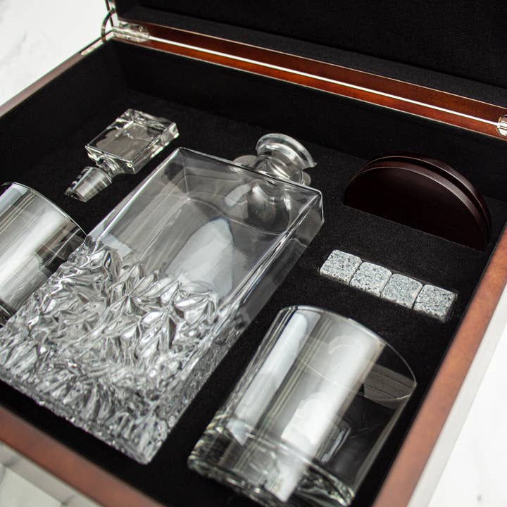 MB Brands Inc - Wholesale Decanter - Add Your Logo Custom Excalibur Decanter Set With Dark Brown Wood Gift Box2