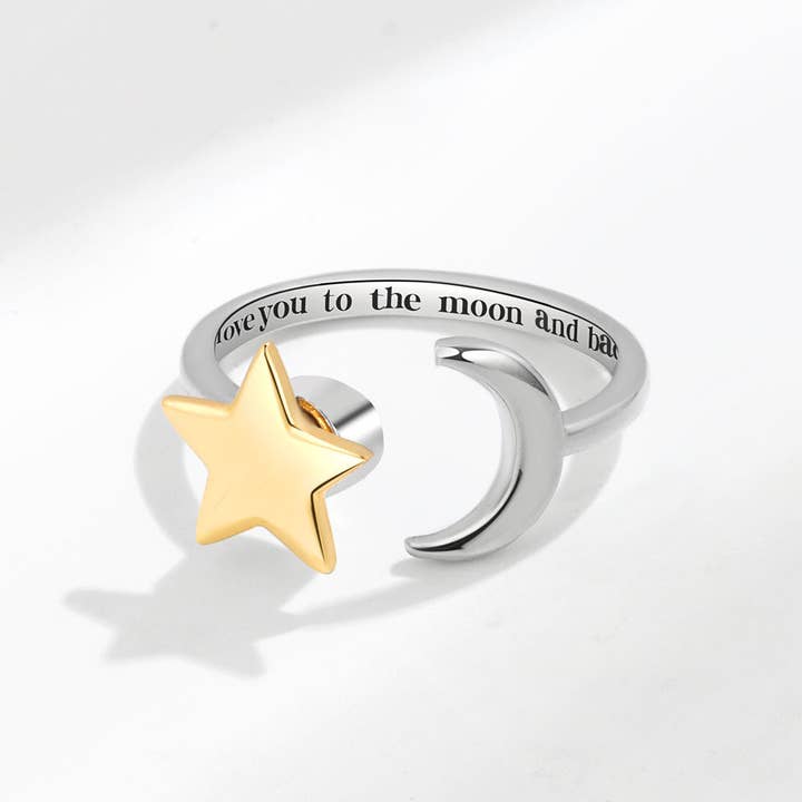 Revelari - Wholesale Multi-Stone Ring - Moon and Star Adjustable Ring with Engraved Detail