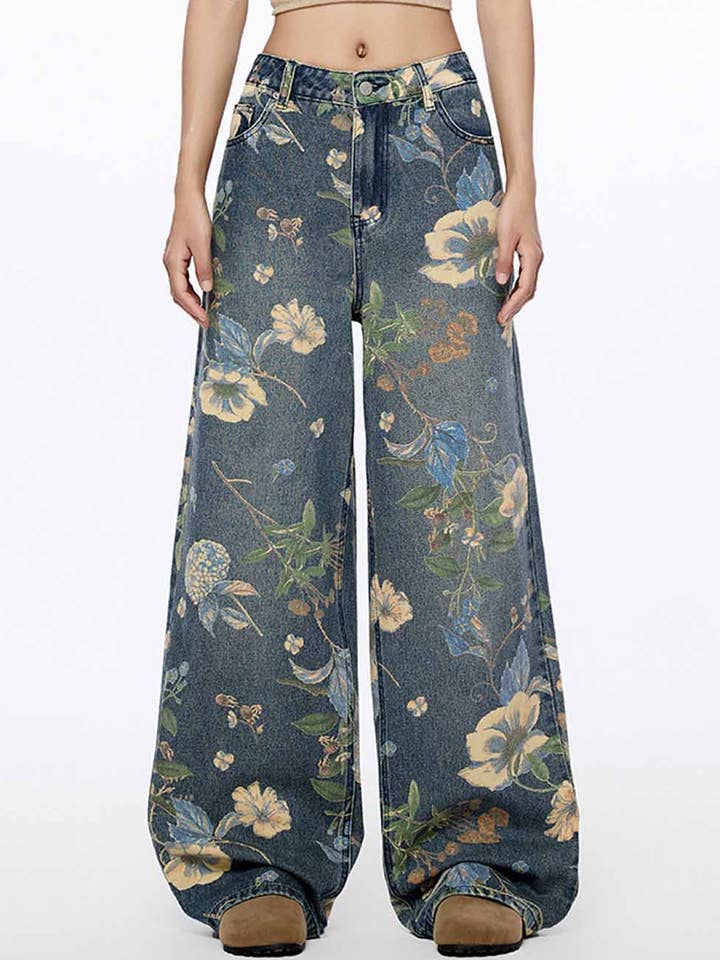 Jean ample à jambes larges taille haute imprimé fleurs DP25G911 pour la vente par Dipped Shop