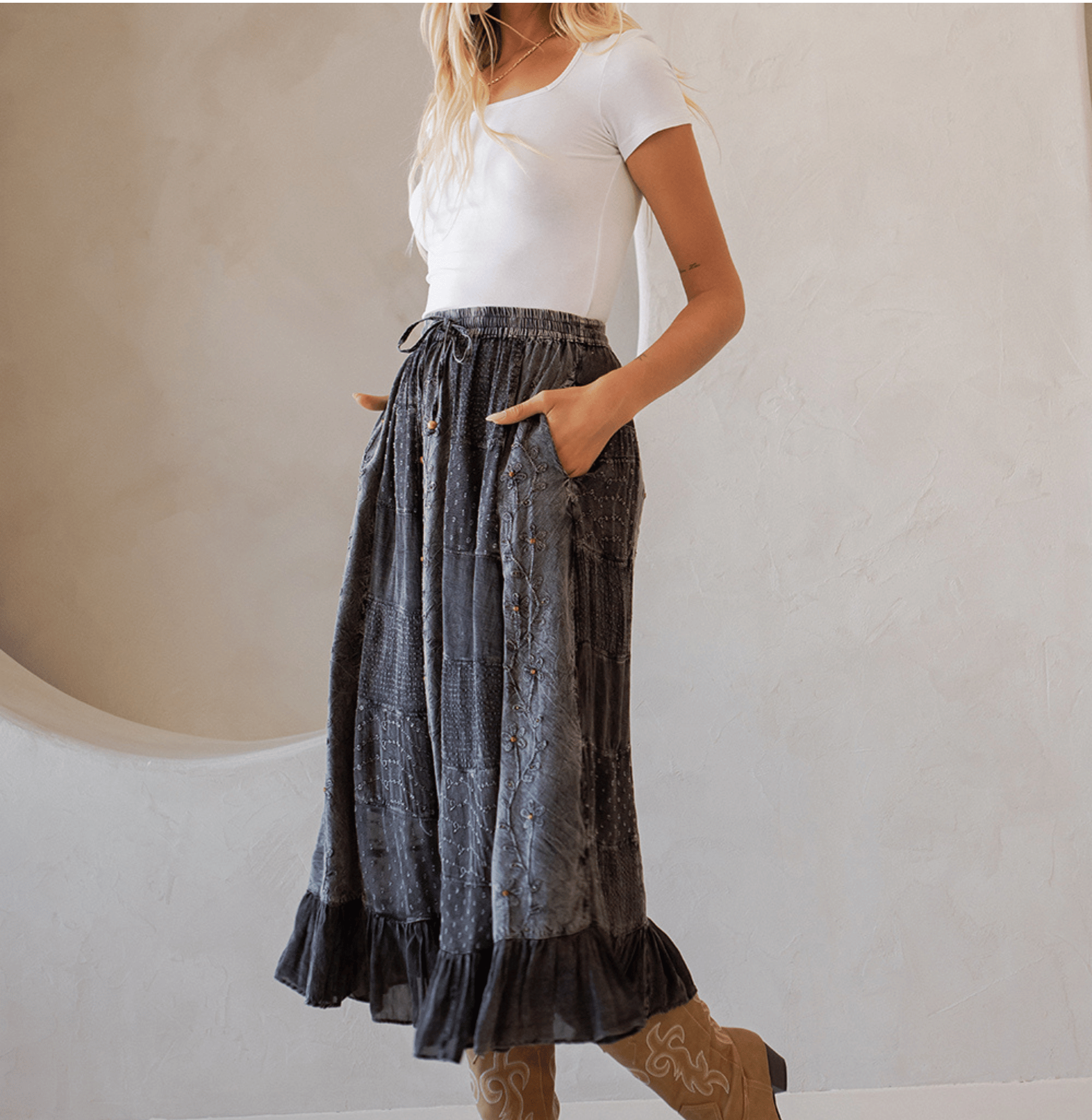 Young Threads - Wholesale Skirt - Women's - Women Patchwork Embroidered Maxi Skirt With Side Pockets5