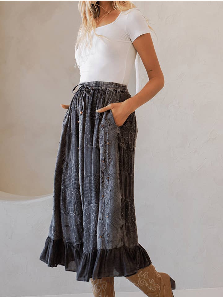 Young Threads - Wholesale Skirt - Women's - Women Patchwork Embroidered Maxi Skirt With Side Pockets5
