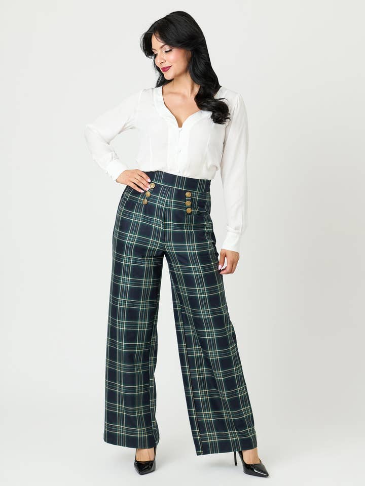 Unikke Vintage Grønne Plaid Højtaljede Sailor Ginger Bukser for engroshandel hos Unique Vintage