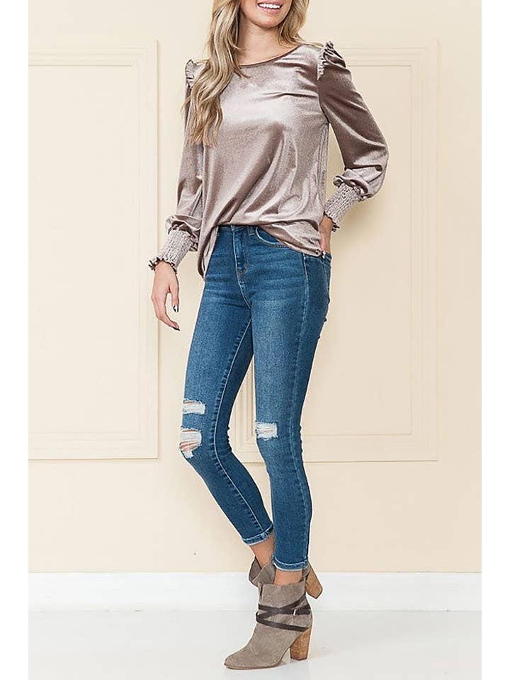 ROUSSEAU - Wholesale Blouse - Women's - VELVET RUFFLED LONG SLEEVES TOP