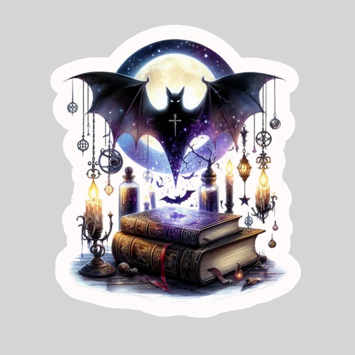 Dark Gothic Bat Book Scene – 3" Waterproof Bookish Sticker with Holo Overlay – Reading, Books, Reader Gift, Book Lover for wholesale by Purely Bookish