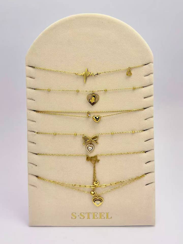 SET OF 6 STEEL NECKLACES HEART PATTERN DISPLAY INCLUDED for wholesale by COSMOS