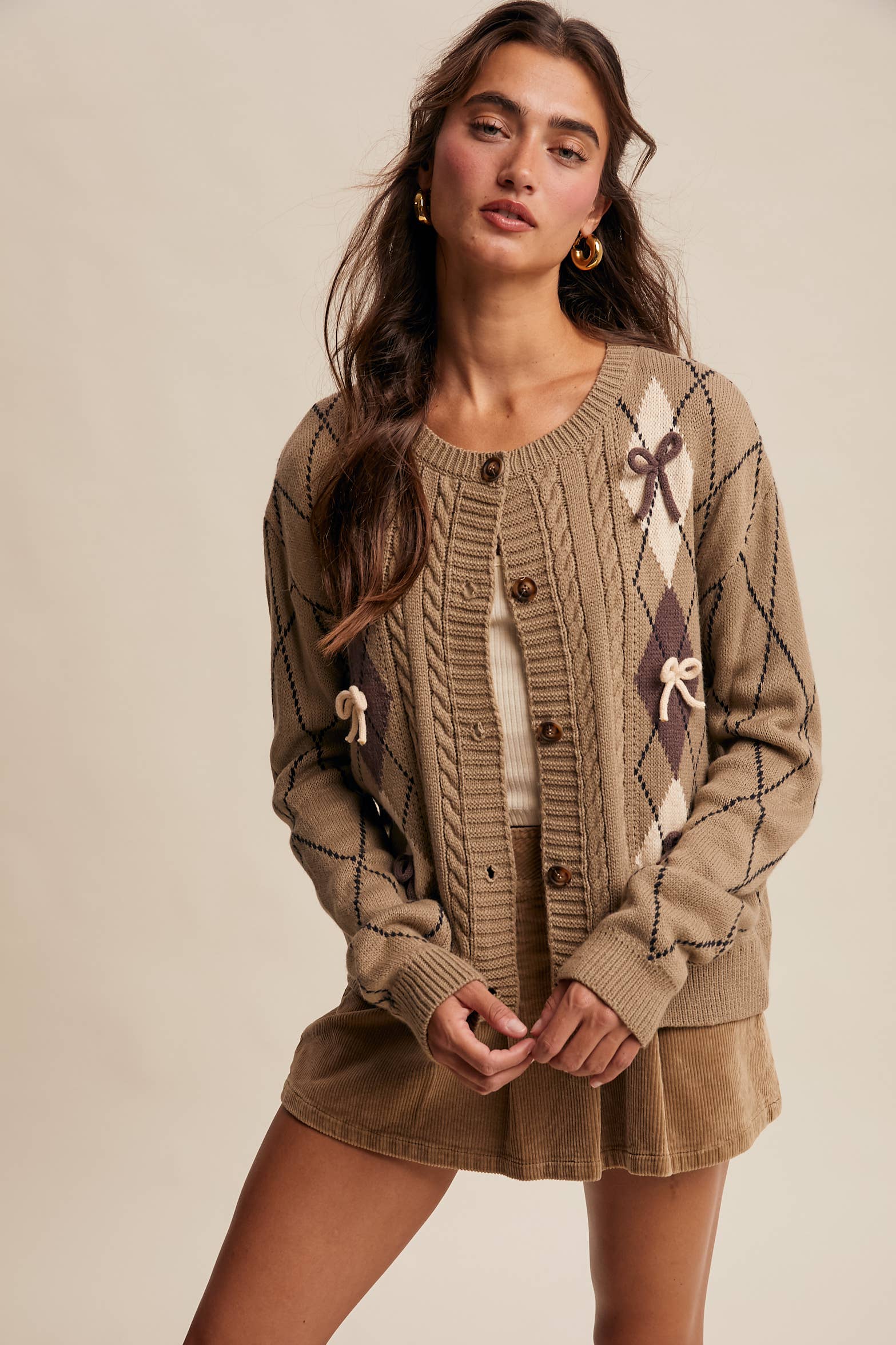 Listicle - Venta al por mayor Cárdigan - Mujer - Cárdigan de Punto con Detalle de Lazo Argyle LSW09739