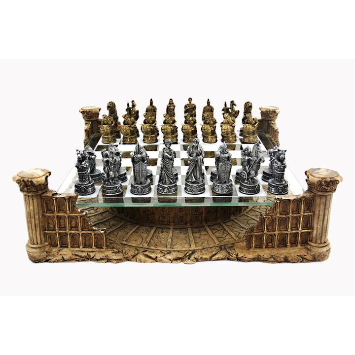 Roman Colosseum Chess Set In Polyresin with Glass Board for wholesale by Dal Rossi Italy