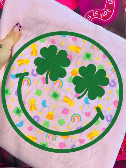 St. Patricks Day Smiley (Gildan Light Pink Crew) for wholesale by Twisted Image Tees Wholesale