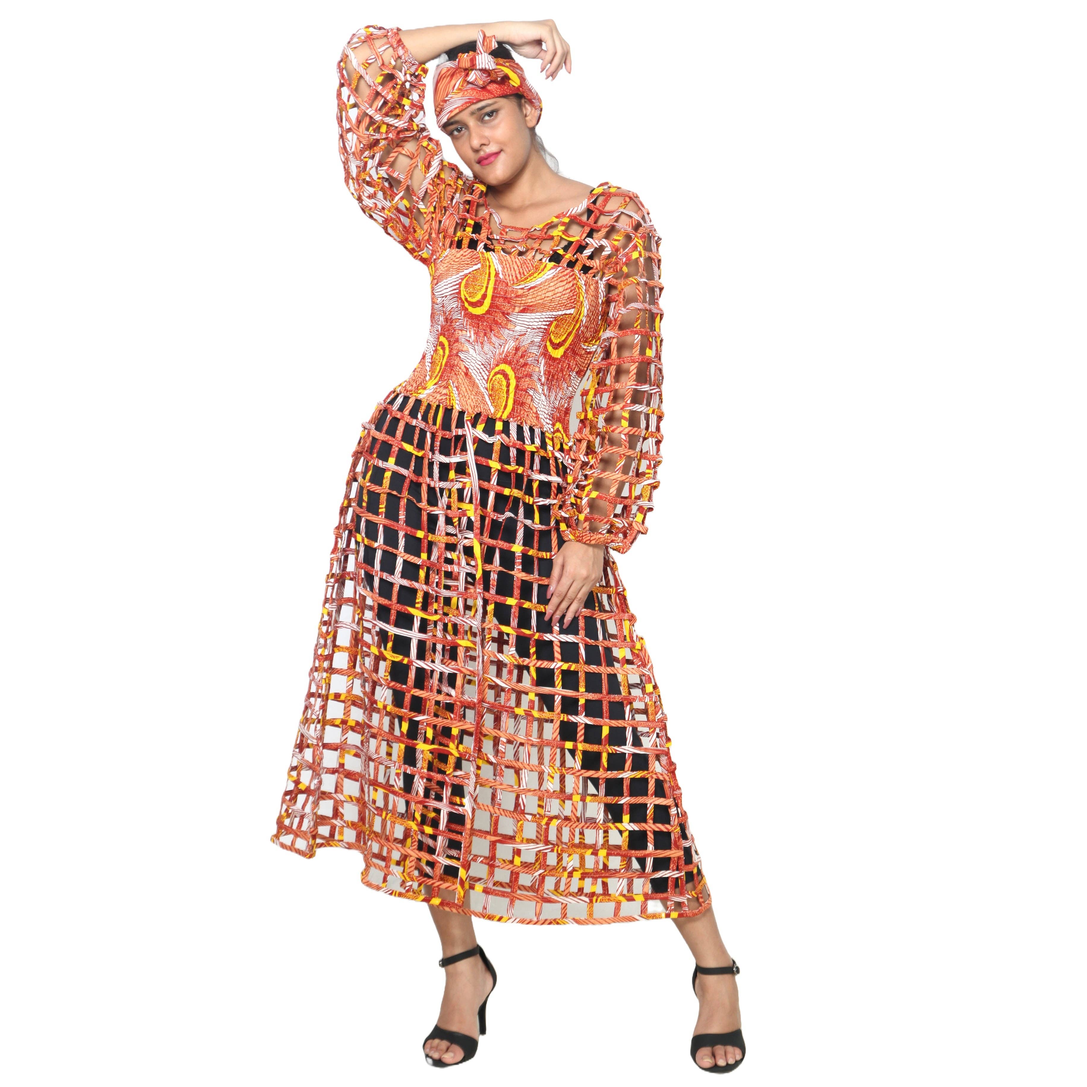 African Stars - Wholesale Dress - Women's - Women's Long Sleeve Smocked Bodice Cage Dress -- FI-ST1220