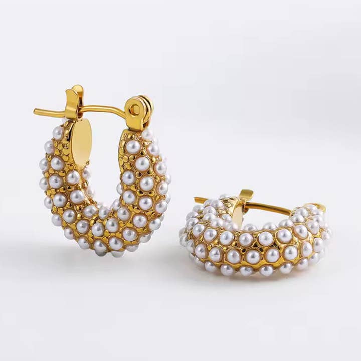 Vintage Pave Pearl Beads Stainless Steel Hoop Earrings for wholesale by Lilac and Rose