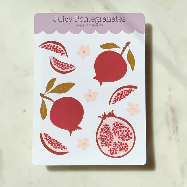 Juicy Pomegranates Sticker Sheet for wholesale by Pajarita Paper Co