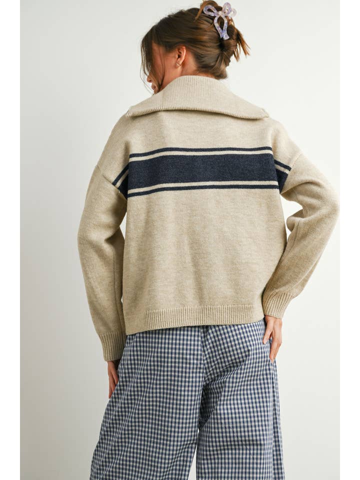 BUTTERMELON - Wholesale Cardigan - Women's - Zip-Front Collared Striped Knit Long Sleeve Top - BMC788722