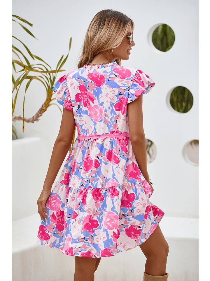 Little Daisy Closet - Wholesale Dress - Women's - LDC Floral V Notched Ric Rac Flutter Sleeve Dress