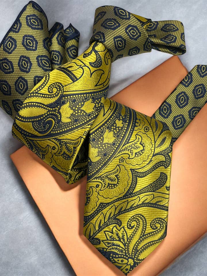 DMITRY 7-Fold Men's Yellow (2 in 1) Patterned Italian Silk Tie & Pocket Square Set (Limited Edition) for wholesale by DMITRY Ties