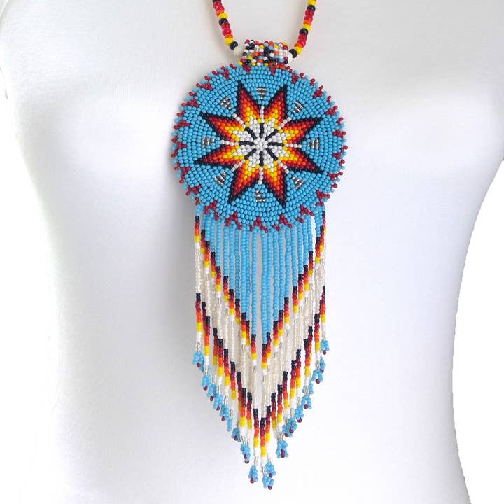 BEADS CORNER - Wholesale Beaded/Pearl Necklace - Turquoise Blue Seed Bead Long Star Medallion Beaded Necklace Earrings