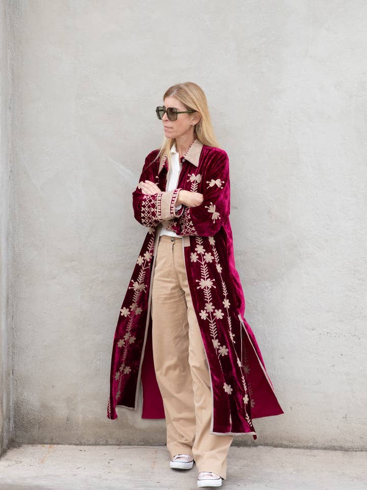 Silk velvet embroidered kimono for wholesale by Sanjanaandme