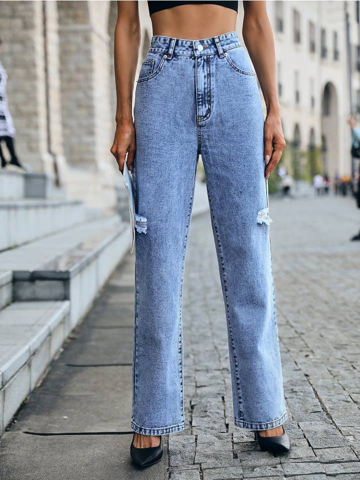 Azul Pantalones vaqueros rasgados de cintura alta, sueltos, adelgazantes y a la moda. de venta al por mayor en Faire
