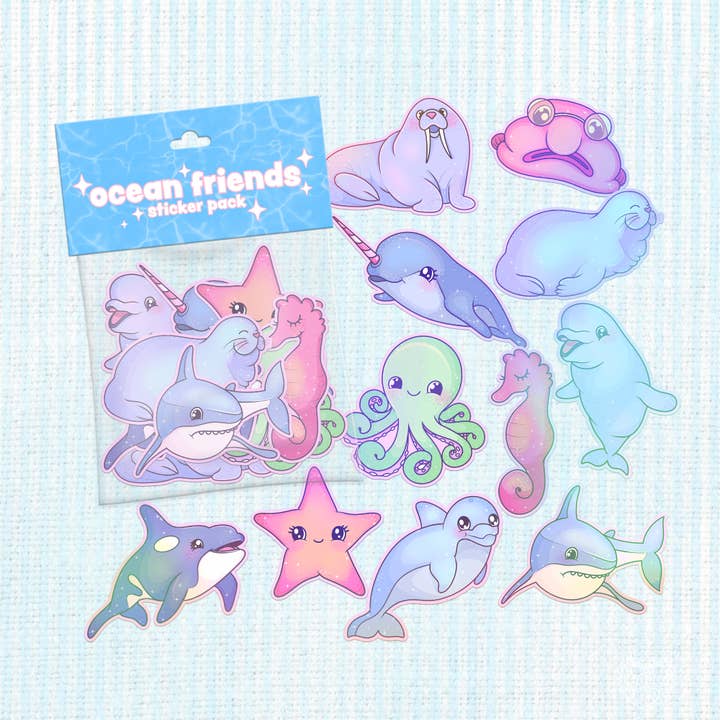Ocean Friends Kawaii Cute Holographic or Matte Sticker Pack for wholesale by LooLooKazoo