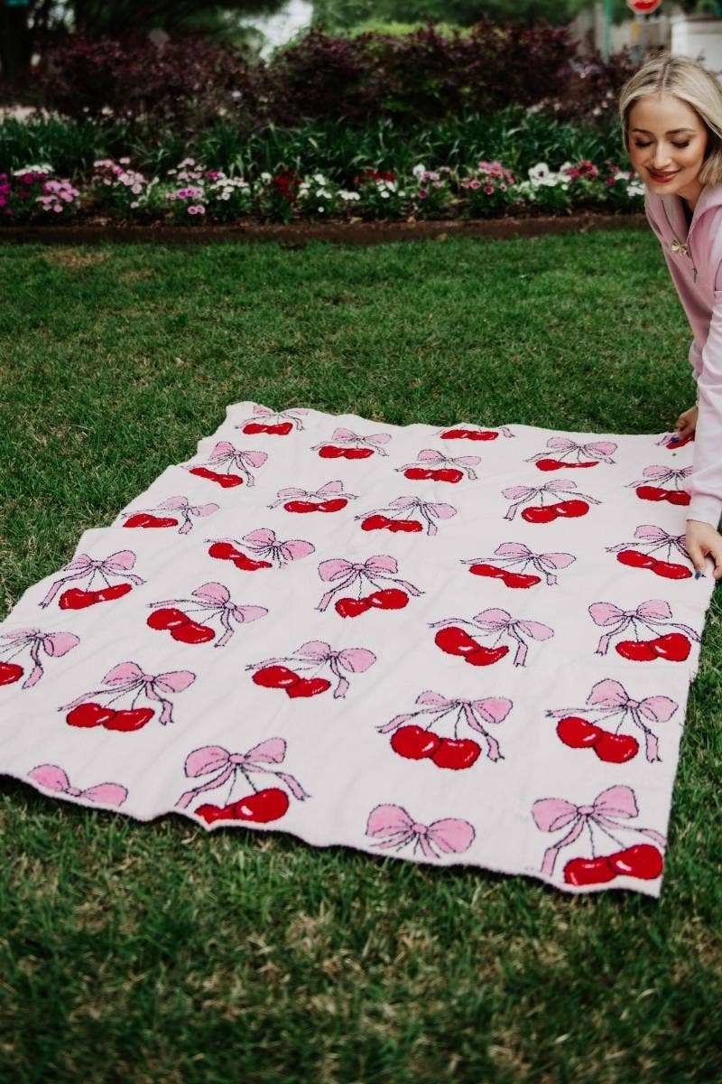 Light Pink Cherry Bows All Over Soft Wholesale Blanket for wholesale on Faire