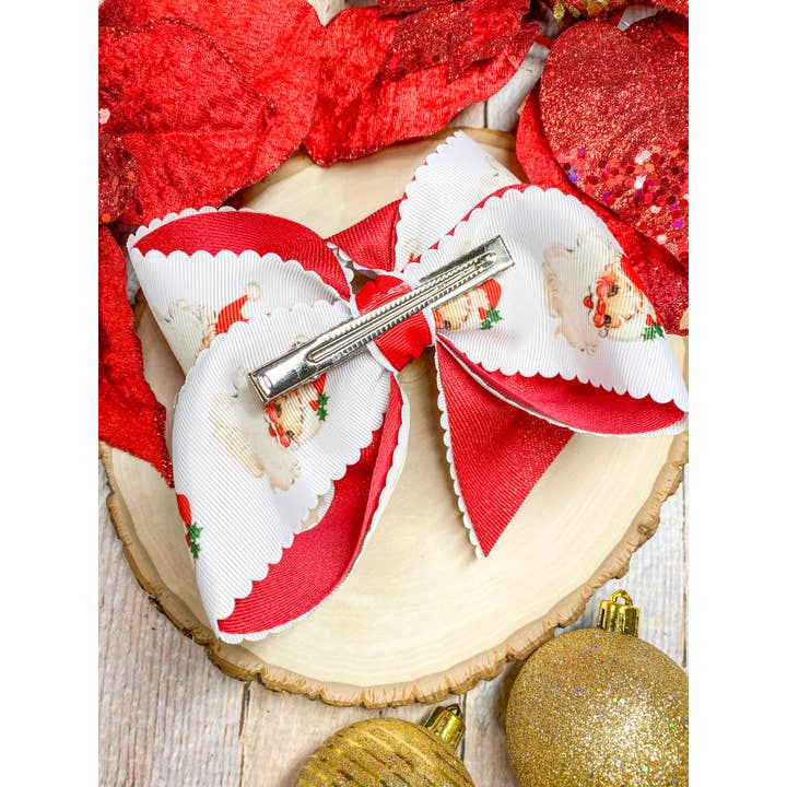 The Hair Bow Company - Wholesale Hair Bow - Kids - Scalloped Santa Print Glitter Hair Bow in Red1