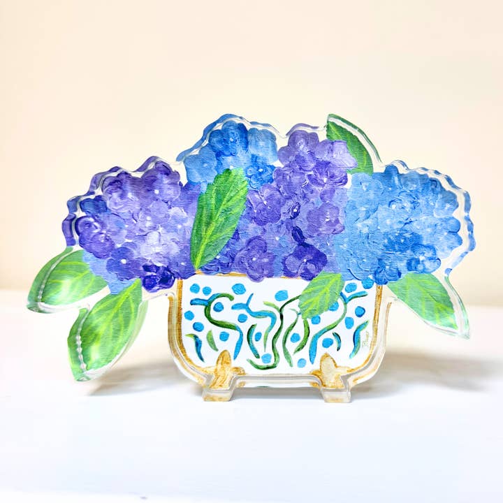 Blue and Purple Hydrangeas Art Block for wholesale by Jeanne Player Fine Art