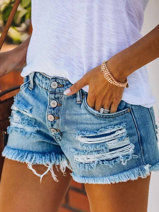 Light Blue Straight Breasted Ripped Tassel Denim Shorts for wholesale on Faire