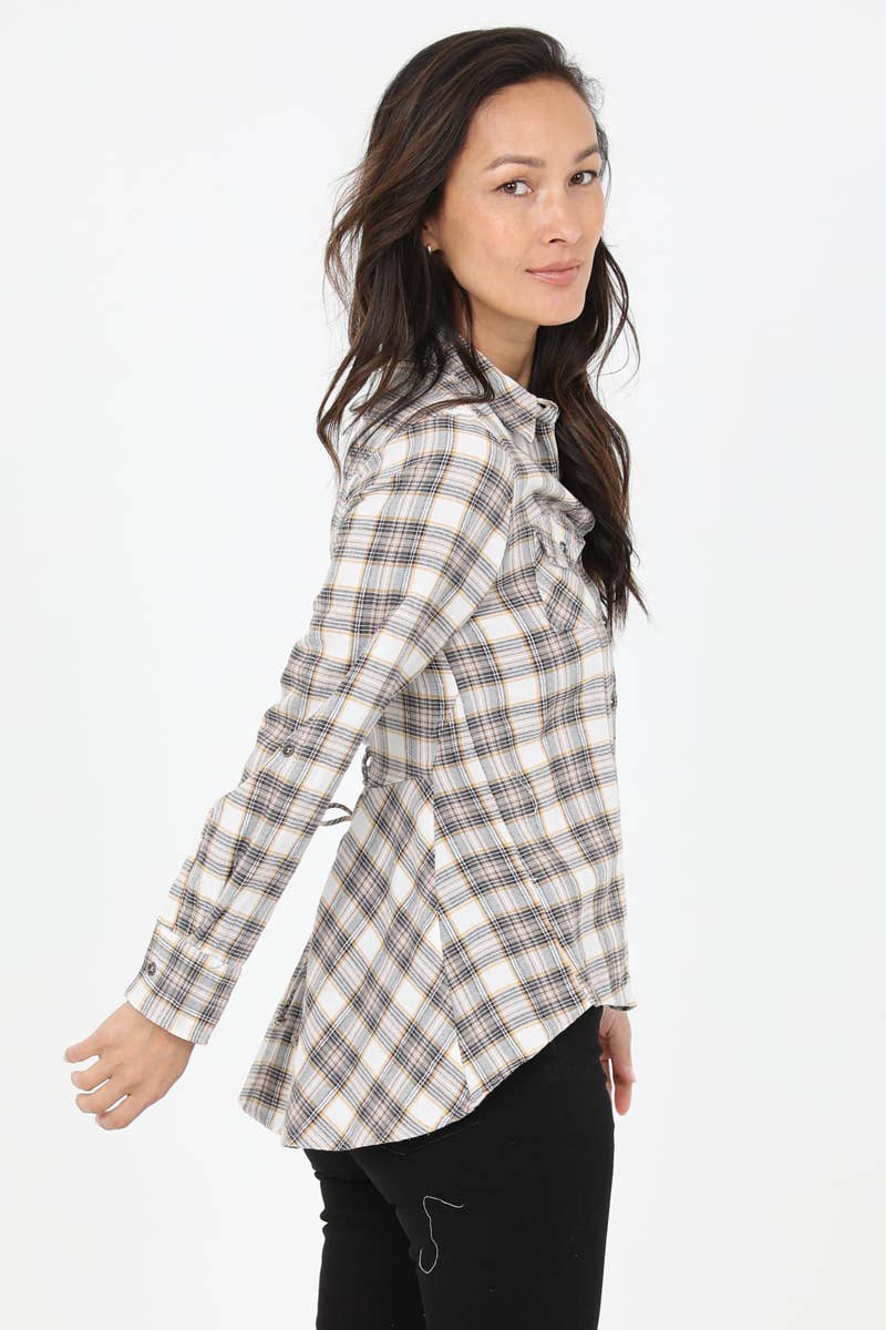 Nostalgia - Wholesale Button Down Shirt - Women's - N2C84-SC36 PLAID HI LO HEM LACE UP BACK BUTTON FRONT SHIRT1