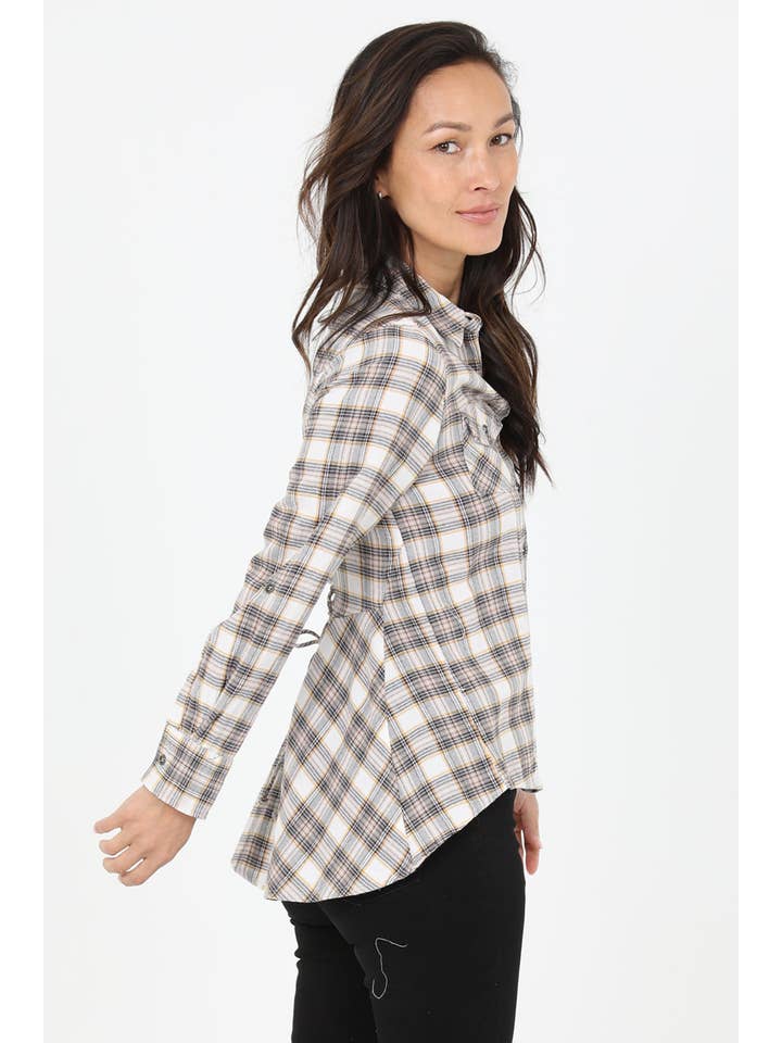 Nostalgia - Wholesale Button Down Shirt - Women's - N2C84-SC36 PLAID HI LO HEM LACE UP BACK BUTTON FRONT SHIRT1