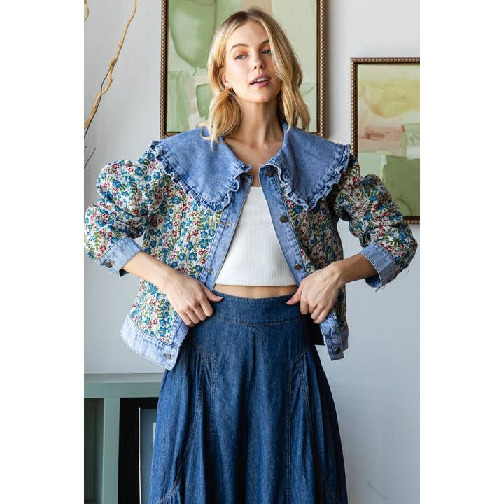 Vintage Jacquard Ruffle collar Denim Jacket for wholesale on Faire