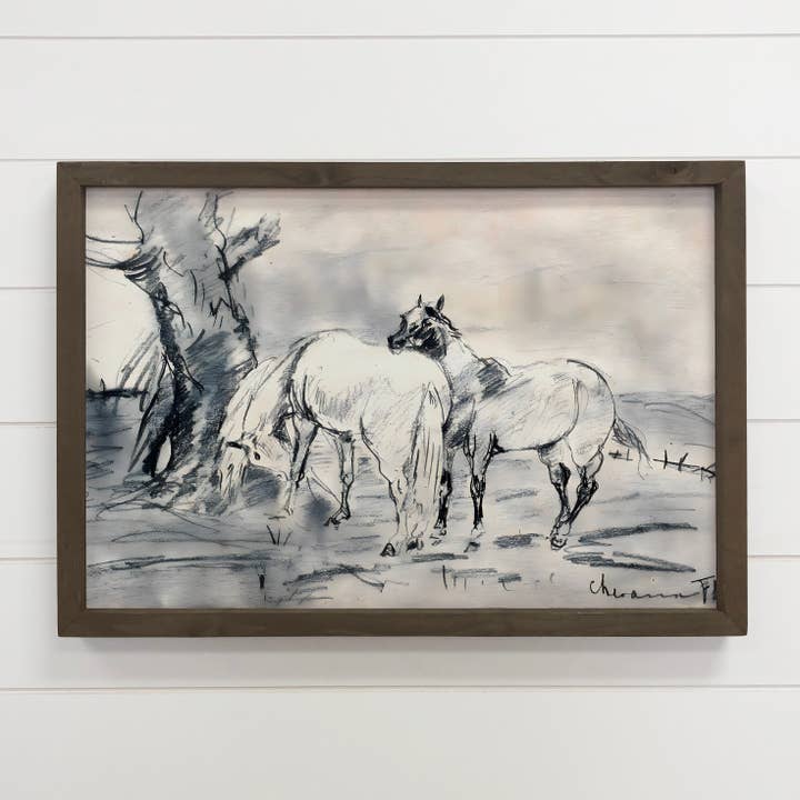 Horses Sketch - Framed Animal Decor - Ranch House Wall Art for wholesale by Hangout Home