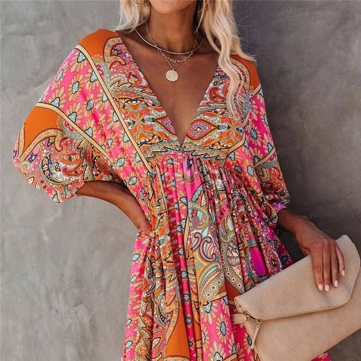Red Stylish V-Neck Belted Print Dress for wholesale on Faire