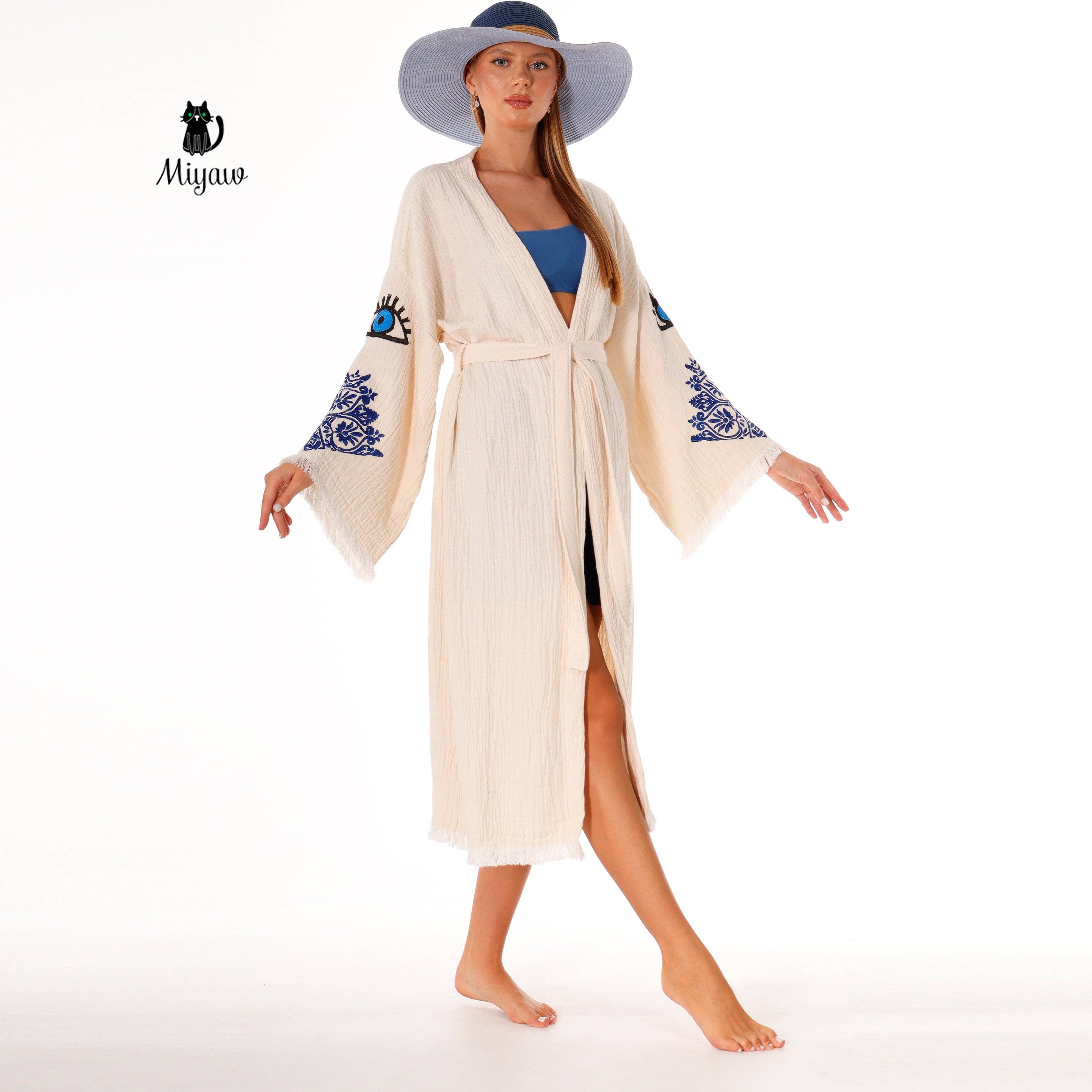 Beige Peignoir kimono boho protecteur pour les yeux en gros - Coton biologique, écologique en vente sur Faire7