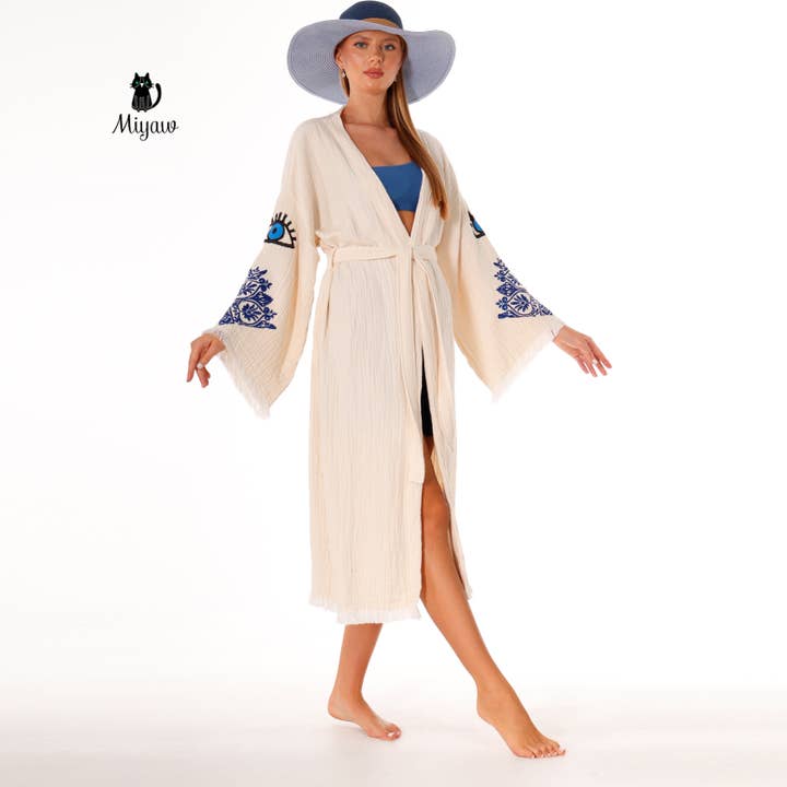 Beige Peignoir kimono boho protecteur pour les yeux en gros - Coton biologique, écologique en vente sur Faire7