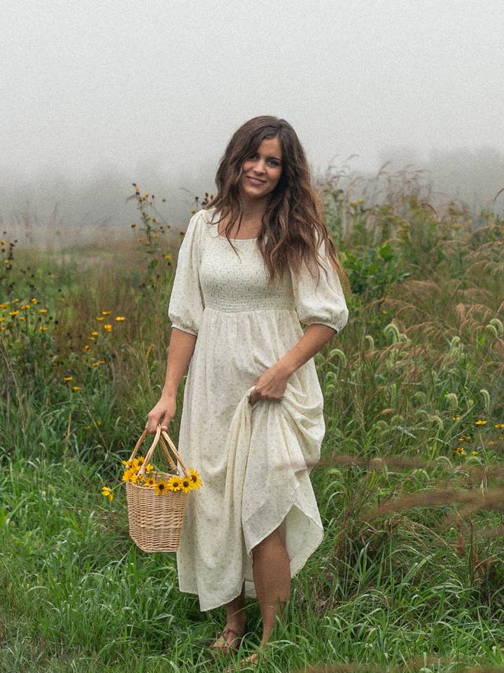 Kayleen Ivory Floral Smocked Bodice Maxi Dress for wholesale by Inherit Clothing Company