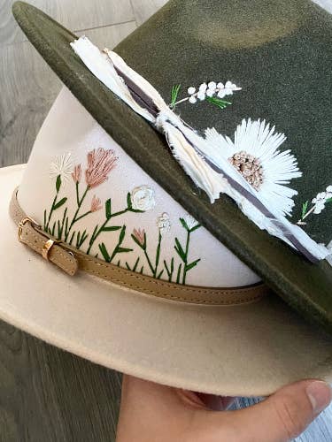 Hand Embroidered Wide Brim Felt Hat for wholesale by Lilli Jane Stitches