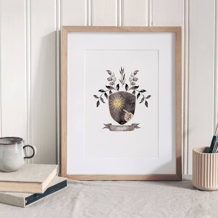 Brady Coat of Arms/Crest (Watercolour Style) Fine Art Print for wholesale by Minikin Studio