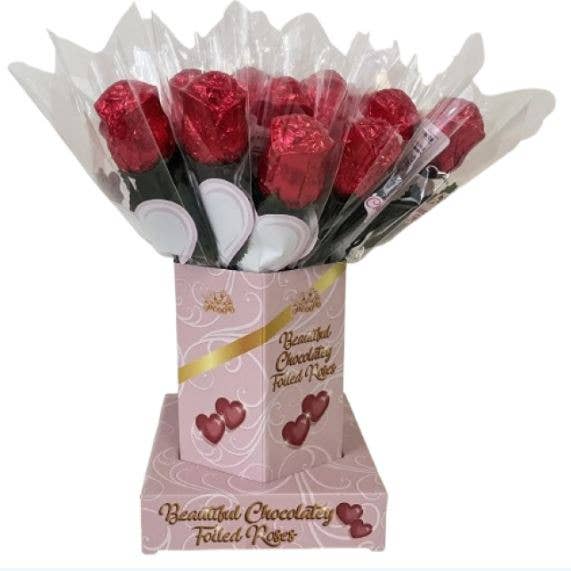 Roses en chocolat au lait belge de la Saint-Valentin dans un vase, 20 unités pour la vente par Grandpa Joe's Candy Shop