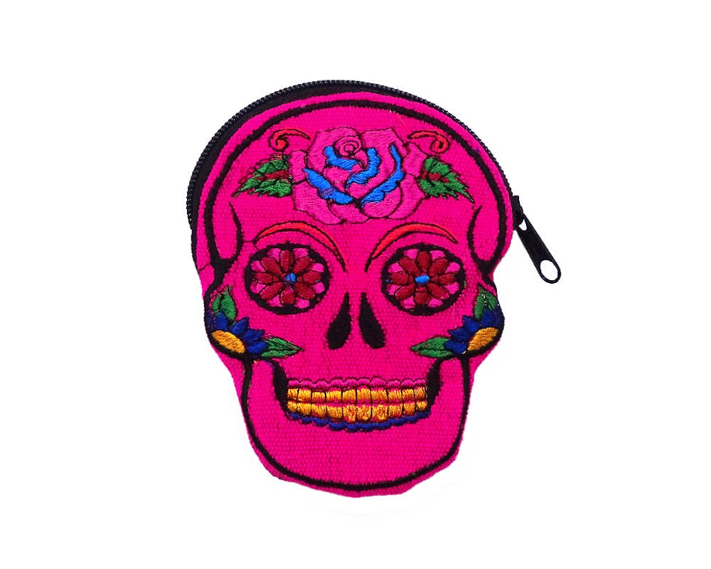 Pichincha - Wholesale Coin Purse - Women's - Sugar Skull Face Embroidered Floral Suede Coin Purse Pouch5