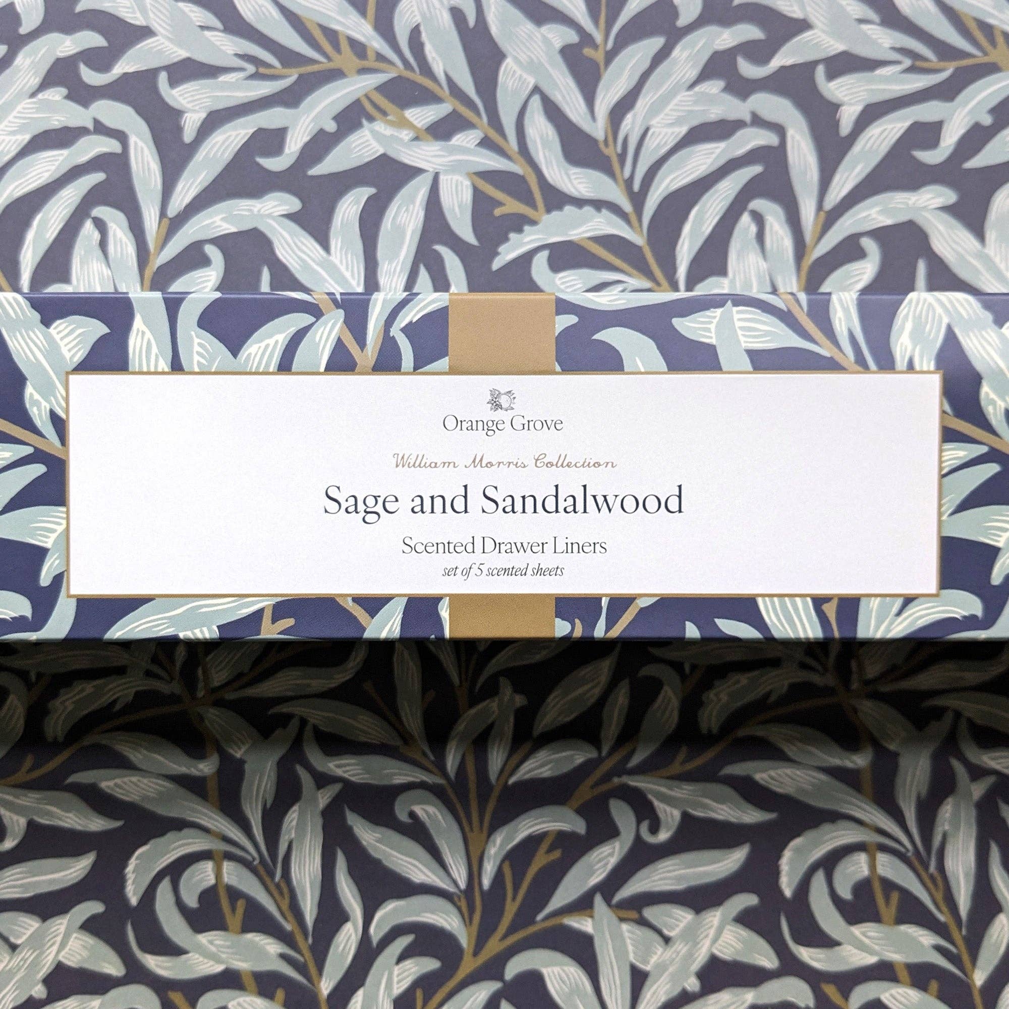 Robert Frederick Ltd - Wholesale Drawer Liner - Orange Grove Scented Drawer Liner - Set of 5 Sage and Sandalwood - William Morris Leaves Design2