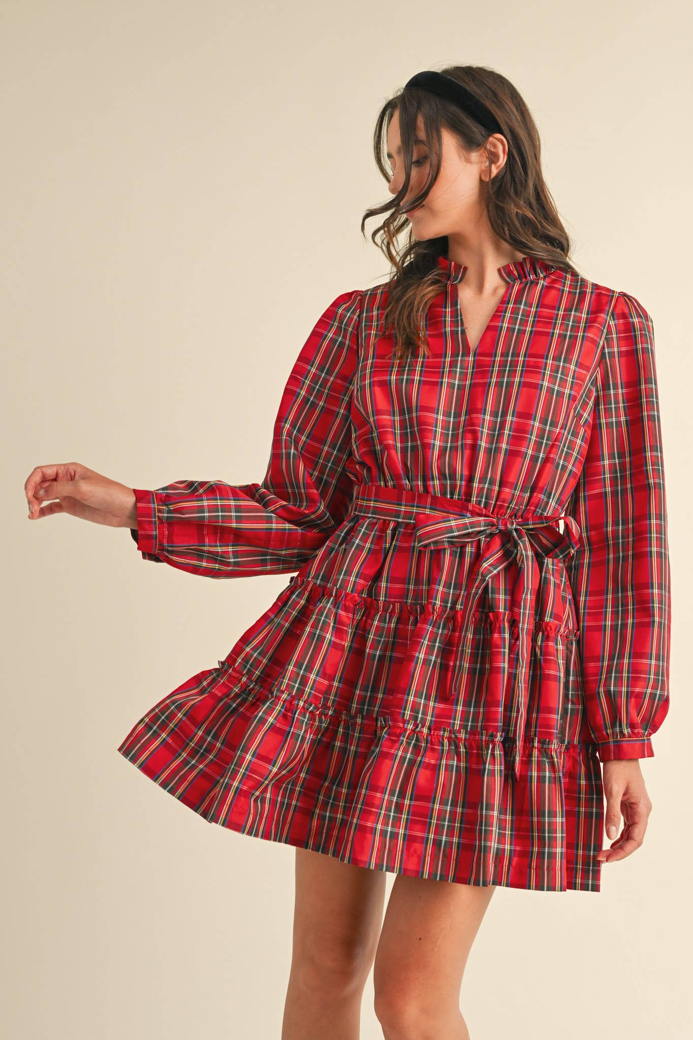 &MERCI - Wholesale Dress - Women's - PLAID MINI DRESS WITH TIERED RUFFLE TRIM MDR353817