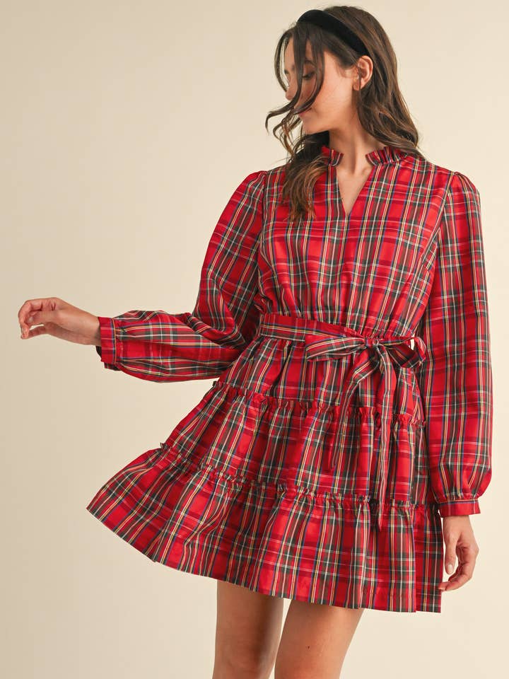 &MERCI - Wholesale Dress - Women's - PLAID MINI DRESS WITH TIERED RUFFLE TRIM MDR353817