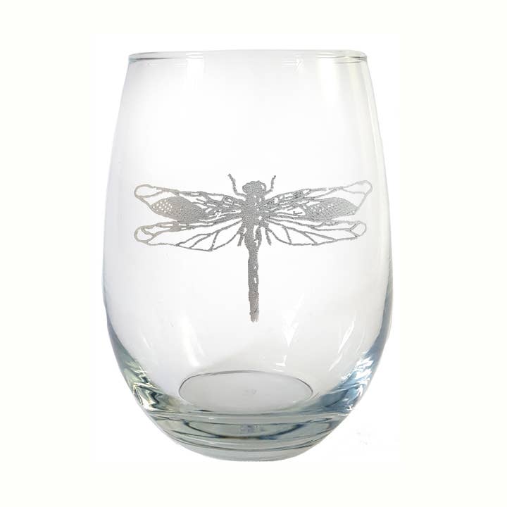 Bicchiere da vino senza steli con incisione libellula, 45,7 g per la vendita all'ingrosso da parte di Lyoncraft